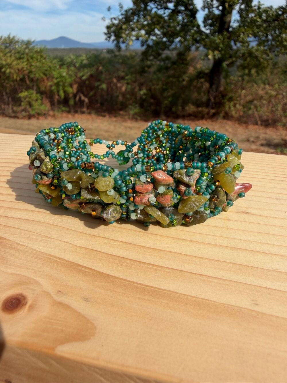 Artisan Handcrafted Boho Green Iridescent Glass Gemstone Beaded Cuff Bracelet